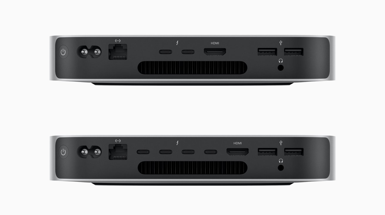 The M2 Mac mini (top) has the same ports as the M1. The M2 Pro version (bottom) has two more Thunderbolt 4 ports. 